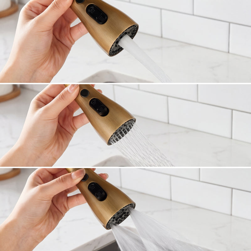 Mitigeur de cuisine 3 voies en laiton avec douchette extractible et sortie eau filtrée