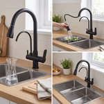 Mitigeur de cuisine 3 voies noir mat en situation : remplissage d'une carafe, rinçage des légumes et douchette extractible