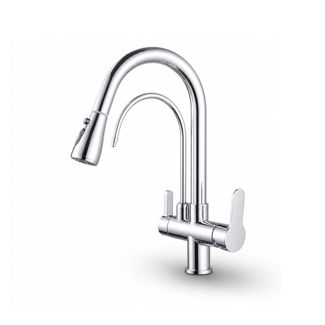 Mitigeur de cuisine 3 voies en laiton avec douchette extractible et sortie eau filtrée