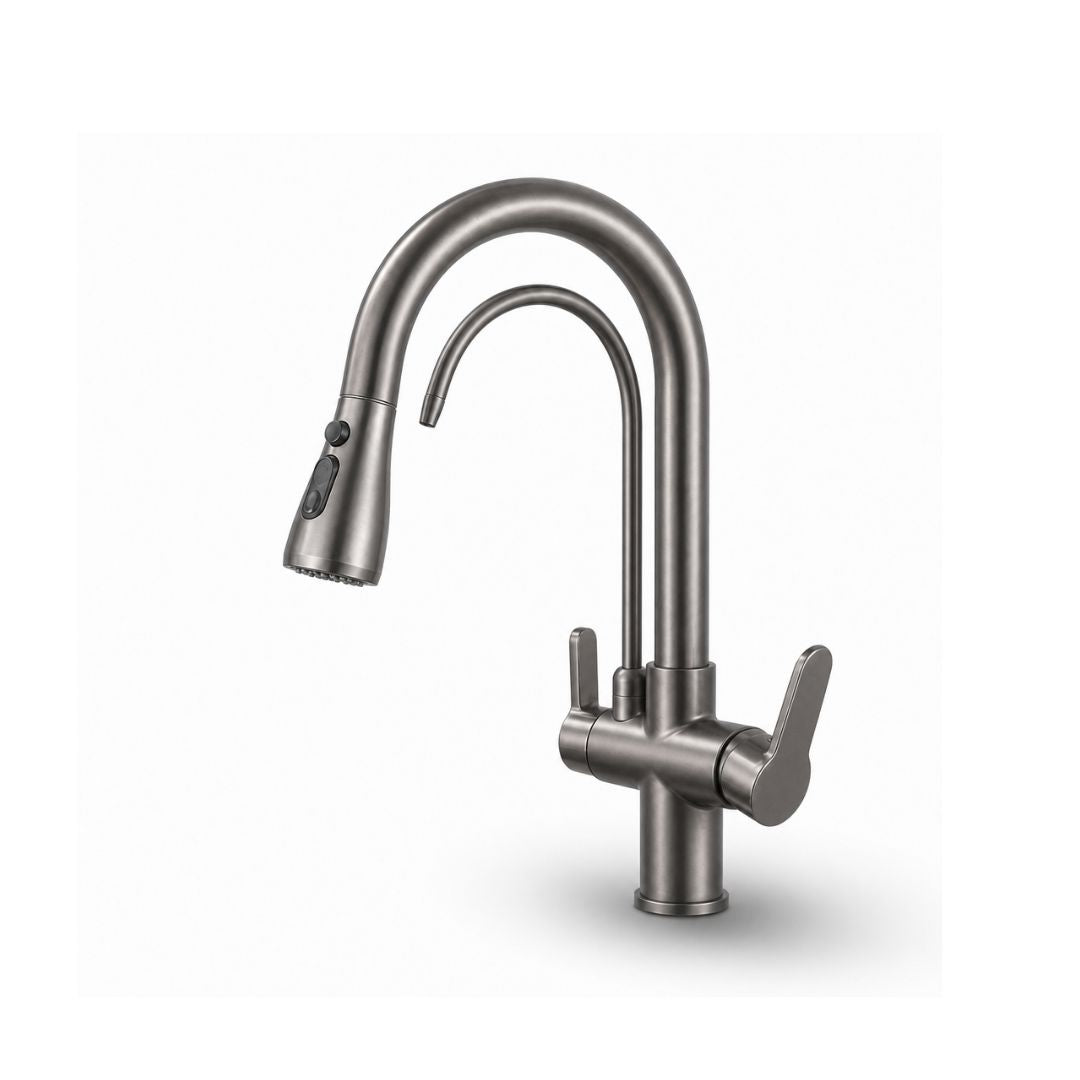 Mitigeur de cuisine 3 voies en laiton avec douchette extractible et sortie eau filtrée