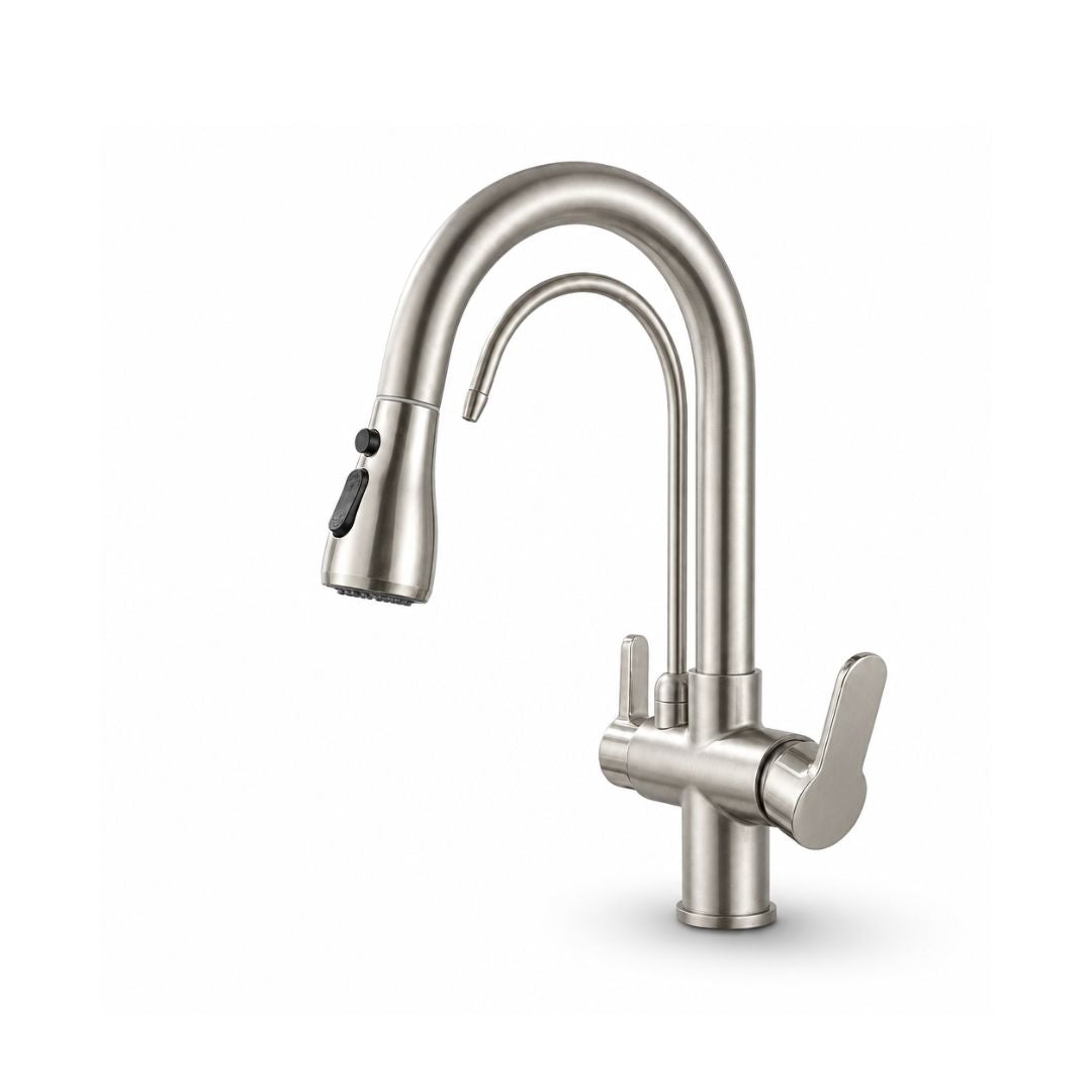 Mitigeur de cuisine 3 voies en laiton avec douchette extractible et sortie eau filtrée
