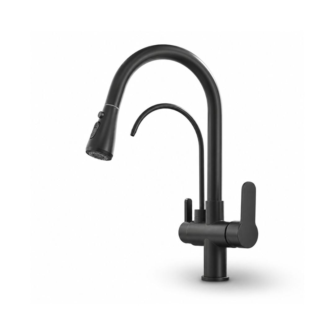 Mitigeur de cuisine 3 voies en laiton avec douchette extractible et sortie eau filtrée