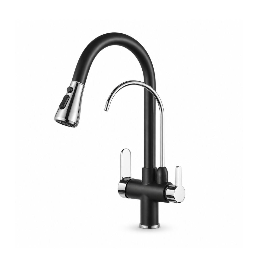 Mitigeur de cuisine 3 voies en laiton avec douchette extractible et sortie eau filtrée