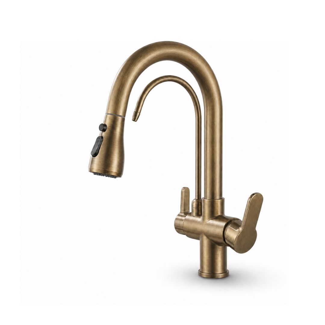 Mitigeur de cuisine 3 voies en laiton avec douchette extractible et sortie eau filtrée