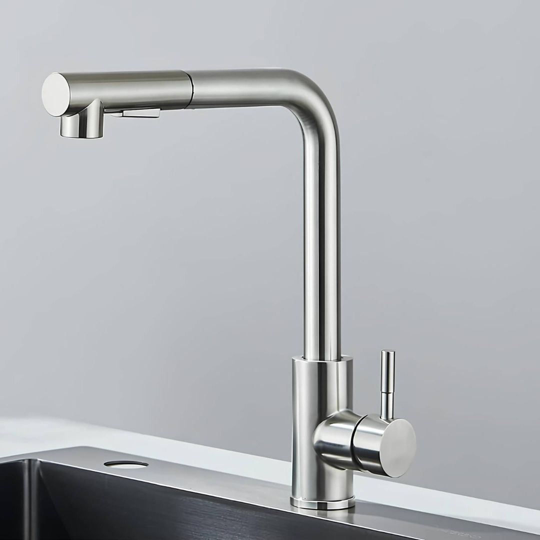 Robinet de cuisine monotrou avec douchette extractible 2 modes, laiton et inox