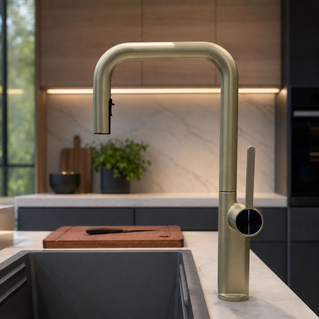 Robinet de cuisine en laiton avec bec rotatif et douchette extractible